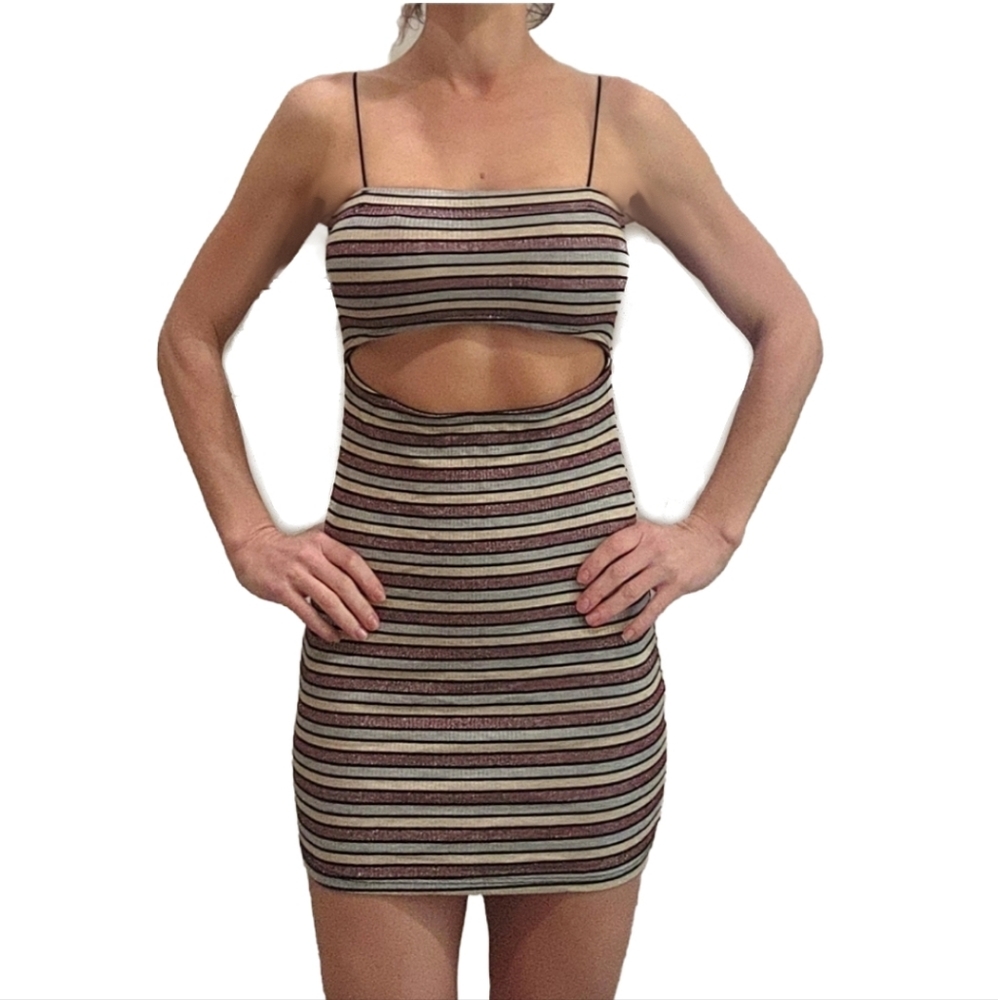 Size Small Party Striped Glitter Club Dress With Sexy Stomach cut-out